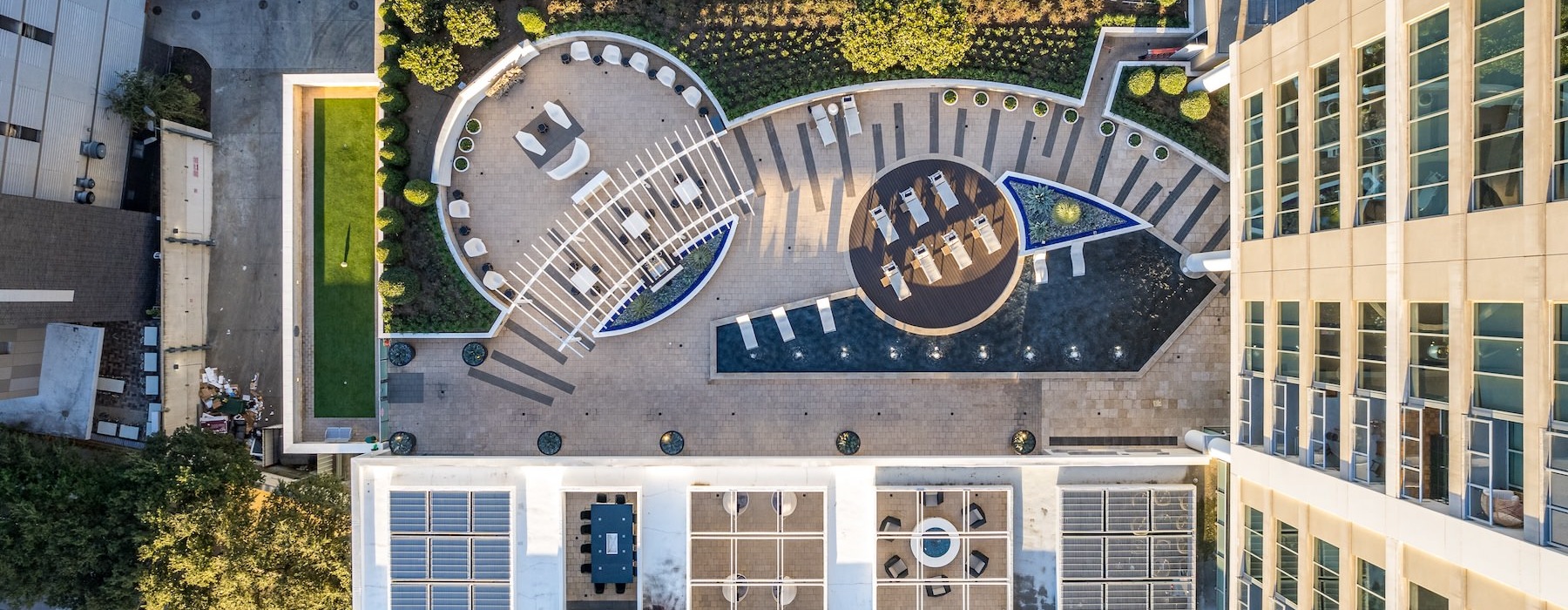 an eagle eye view of a building and a courtyard